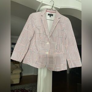 Talbots Seersucker stripe Patchwork Blazer women. Color Rd, white, Blue